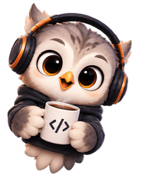 Byte, a night owl with headphones and coffee